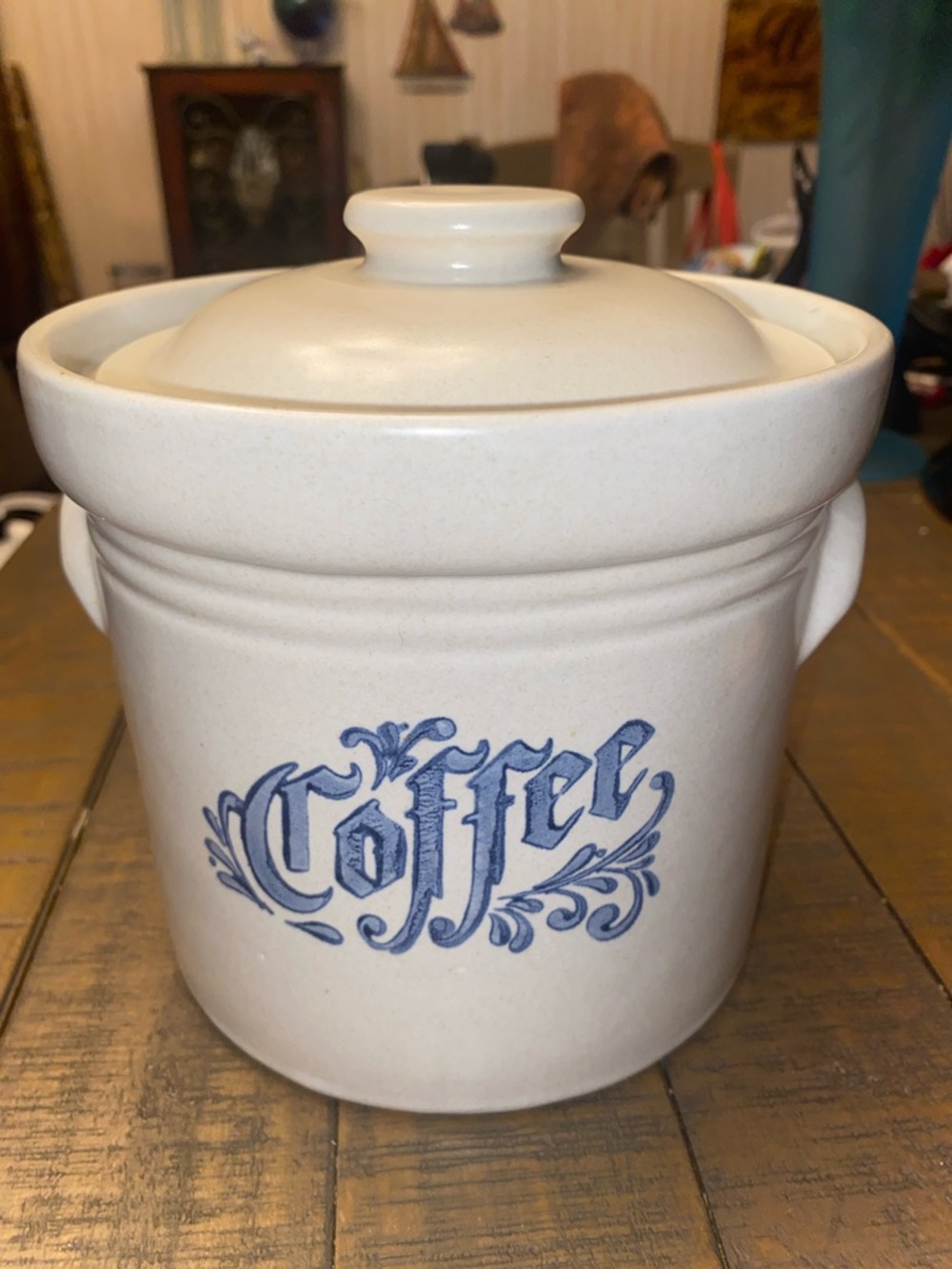 Ceramic Coffee Canister in Cream with Blue Lettering, Pfaltzgraff